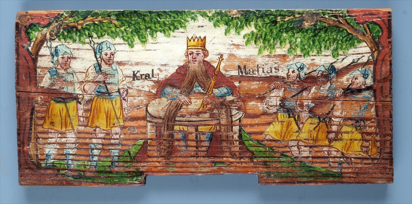 Poslikana panjska končnica z motivom junaškega Kralja Matjaža.