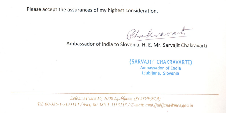 Zahvalna listina Veleposlanika Indije v Sloveniji