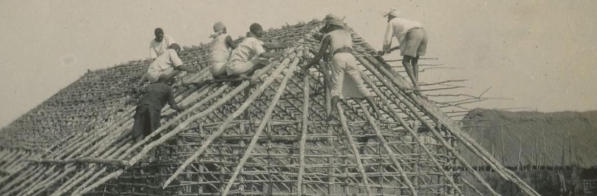 Delavci postavljajo objekt za svojo nastanitev v času dela na plantaži. Arhiv Stanka Groma, hrani SEM.