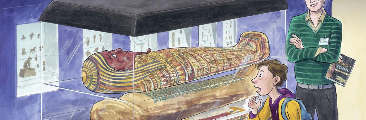 Ilustracija iz slikanice Jure in mumija: zgodba ljubljanske mumije