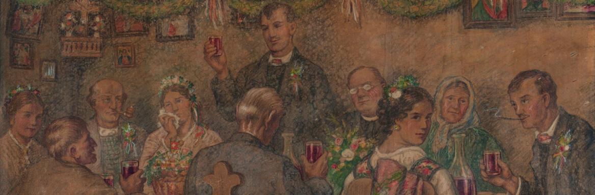 Kmečka svatba, 1923. grafit, pastel, akvarel, gvaš, papir, sign. desno spodaj:  MAKSIM / GASPARI; Last Narodna galerija