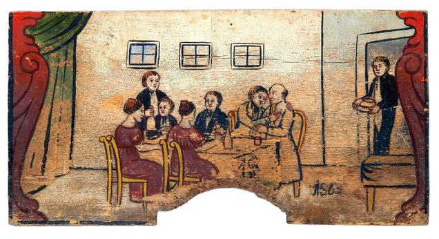 Zgodba o izgubljenem sinu; sklepni prizor vrnitve. Poslikana panjska končnica, 1865, 13 x 26,5 cm. Selška delavnica, Selca v Selški dolini