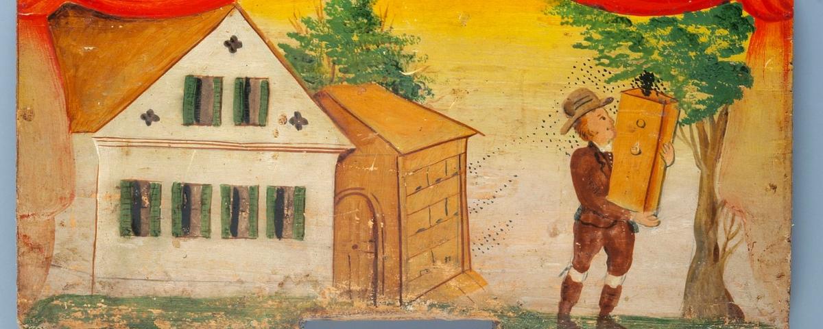 Detajl čebelarja s panjem s poslikane panjske končnice z motivom ogrebanja roja, delavnica Gregorja Benedika iz Pungerta pri Škofji Loki, 2. pol. 19. stol.