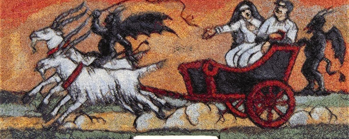 Hudič pelje Lutra in Katrco v pekel. Po motivu iz 19. stoletja izdelana strojna vezenina, napeta na deščico. Vezenje Ercigoj, 2014. Foto: Blaž Verbič.