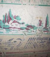 Dvobarvni motiv s hišo in mlinom na veter, naslikan na steno v hiši na Ledineku (foto: Ana Turk Ornik, 2012)