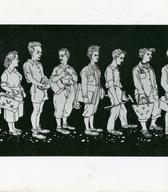 Karikatura terenske ekipe Etnografskega muzeja v Kobaridu iz leta 1951, ki jo je narisal Ivan Romih.
