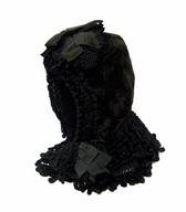 Vatirana ženska kapa iz črnega žameta in okrasnih našitkov, krojena kot kapuca s podaljšanim ramenskim delom / Železniki , Gorenjsko / iz zbirke SEM / foto: J. Žagar.