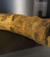 Ostanek človeškega stopala s simboličnim obuvalom iz poslikane tkanine, del egipčanske mumije iz časa med 305–30 p.n.š. ; zbirka SEM (foto: B. Verbič). 