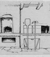 Kurišče krušne peči s prostorom za shranjevanje kruha / Firebox of a bread stove, on the right is a place for storing bread, Tatre, 1955, risba / drawing: Ivan Romih