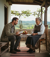 Ustvari etnologa, ki intervjuja domačina. V rokah drži beležnico. Fotografija naj bo narejena v maniri etnološke fotografije. 