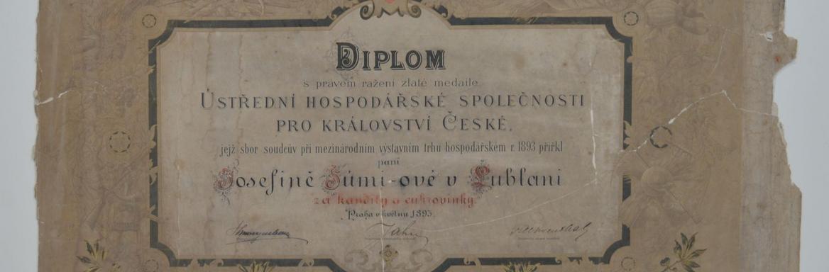 Zlata medalja Josipine Šumi za slaščičarske izdelke, Praga, 1893