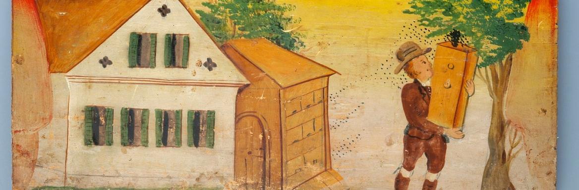 Detajl čebelarja s panjem s poslikane panjske končnice z motivom ogrebanja roja, delavnica Gregorja Benedika iz Pungerta pri Škofji Loki, 2. pol. 19. stol.