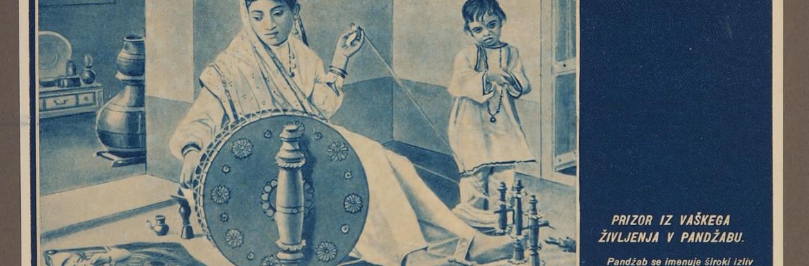 Indijski tiski, začetek 20. stoletja, zbirka SEM. Tisk prikazuje predilko iz Pundžaba, ki v družbi dveh otrok prede na kolovrat. Natisnjen je bil leta 1931