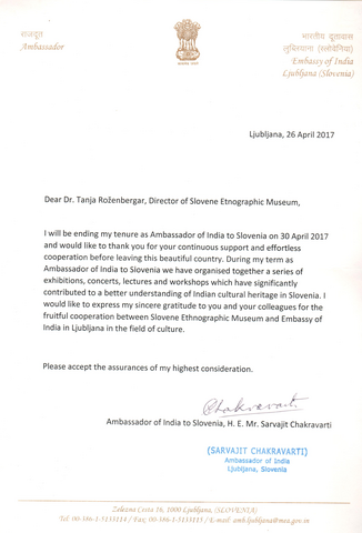 Zahvalna listina Veleposlanika Indije v Sloveniji