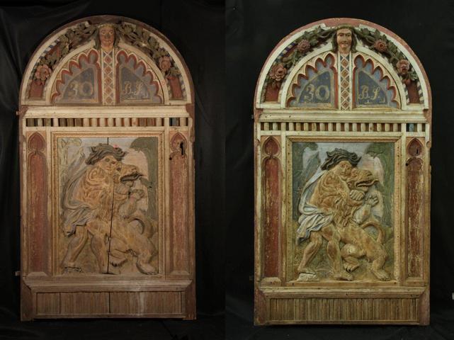 Rezljana vrata z upodobitvijo Samsona v boju z levom