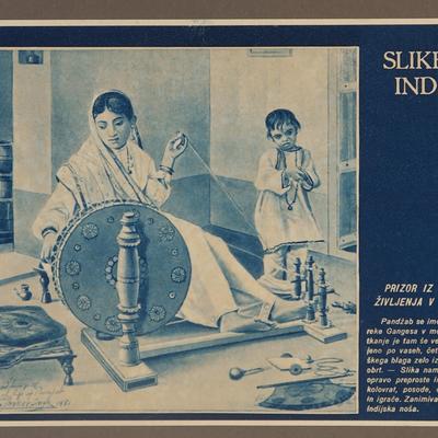 Indijski tiski, začetek 20. stoletja, zbirka SEM. Tisk prikazuje predilko iz Pundžaba, ki v družbi dveh otrok prede na kolovrat. Natisnjen je bil leta 1931